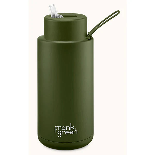 34oz SS Ceramic Reusable Bottle Khaki with straw lid