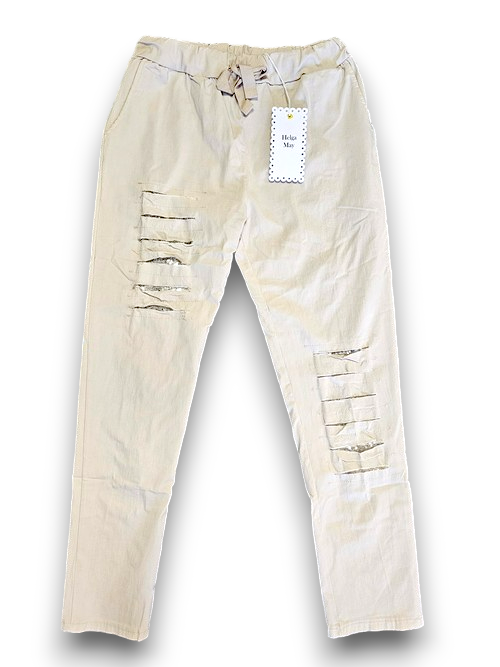 Light Beige Plain Ripped Pants
