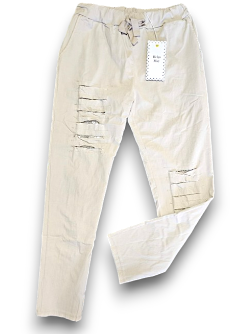 Light Beige Plain Ripped Pants