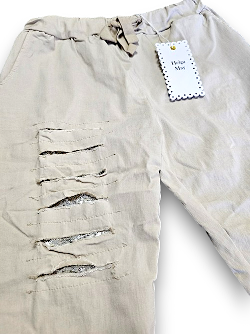 Light Beige Plain Ripped Pants