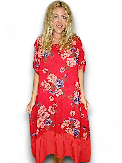 Red Bundle Flora Button Sleeve Hem Dress