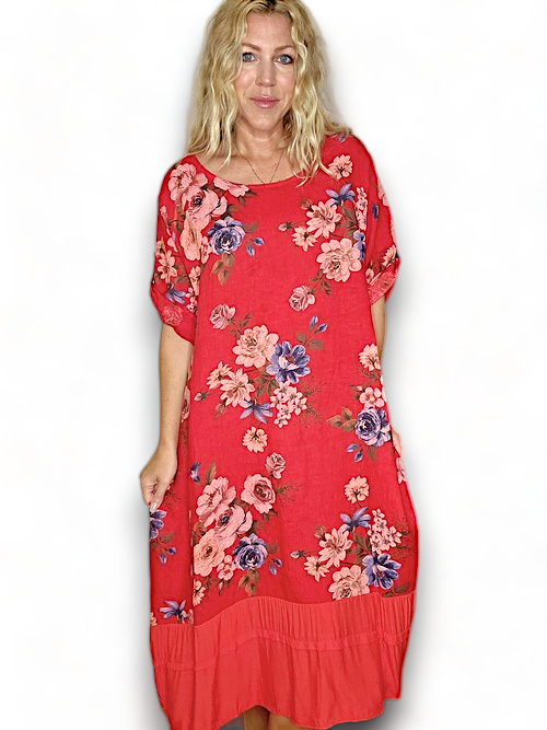 Red Bundle Flora Button Sleeve Hem Dress