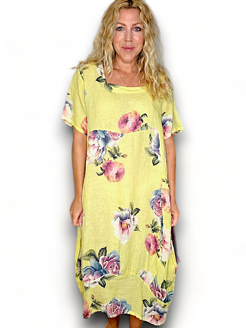 Yellow Ombre Peony Mid Sleeve Maxi Dress