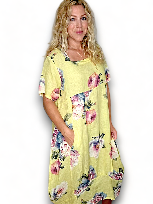 Yellow Ombre Peony Mid Sleeve Maxi Dress