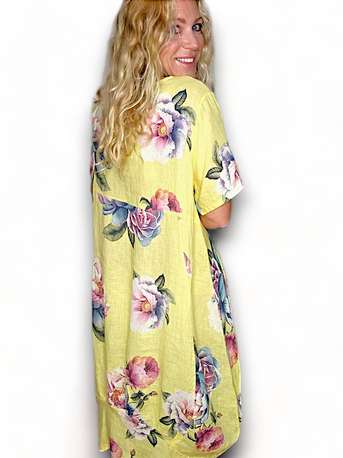 Yellow Ombre Peony Mid Sleeve Maxi Dress