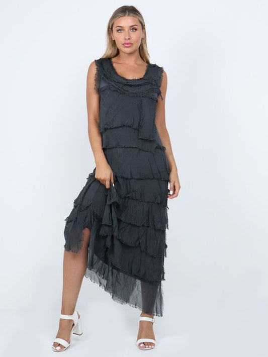 Colette Silk Tiered Long Dress | Charcoal