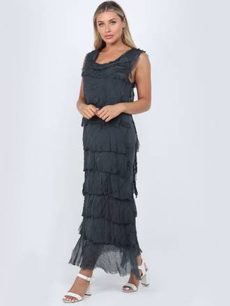 Colette Silk Tiered Long Dress | Charcoal