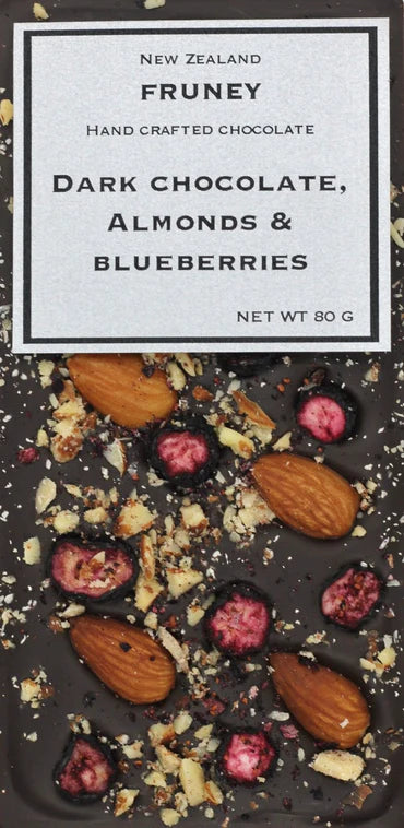 Fruney Chocolate | Dark chocolate, almonds & blueberries bar
