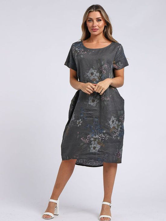 Fleur Classic Linen Dress | Charcoal