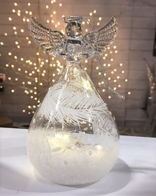 Round Clear LED Glass Angels with White Feather Print.