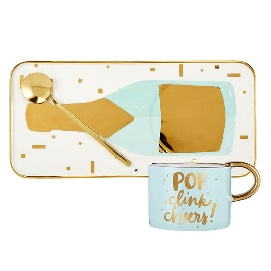 Mug, Tray And Spoon Set - Pop Clink Cheers