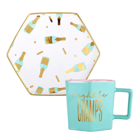 Hexagon Mug And Saucer Set - Might Be Champs