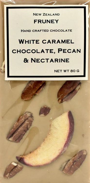 Fruney Chocolate | White caramel chocolate, pecan & nectarine bar