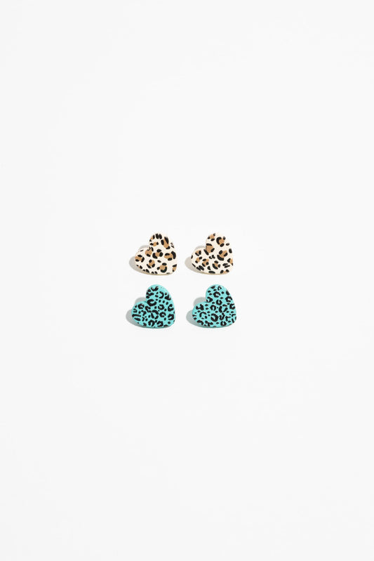 Caz Heart Stud Set - Turquoise Leopard