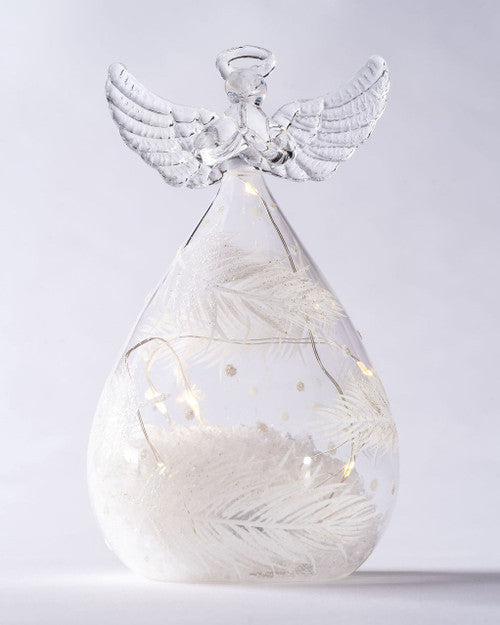 Round Clear LED Glass Angels with White Feather Print.