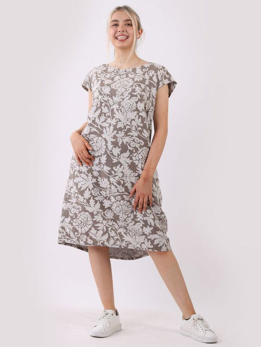 Georgia Foliage Linen Dress Mocha