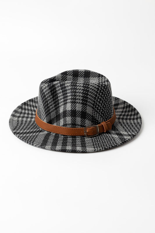 Plaid Fedora Charcoal With Tan PU Strap